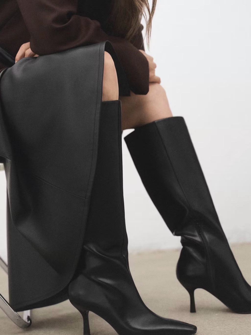 Mango Black Knee-High Leather Heeled Boots
